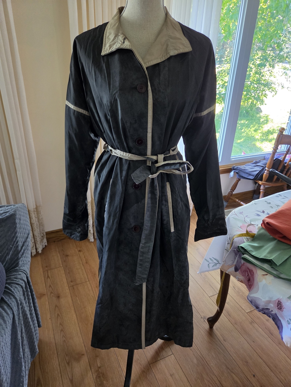 Belted Trench Coat in Black with Cream Trim